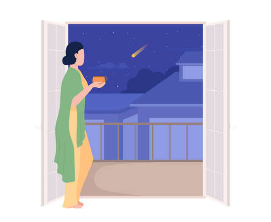Cozy woman with cup looking out from balcony  Illustration