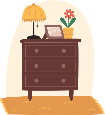 Cozy wooden chest of drawers with photo frame and table lamp  Illustration