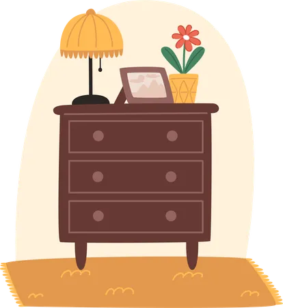 Cozy Wooden Chest Of Drawers With Photo Frame And Table Lamp In Flat Style Illustration