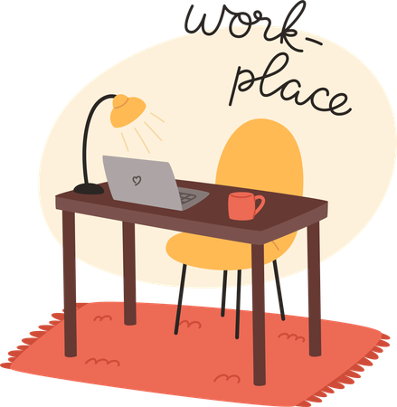 Cozy workplace at home with laptop and cup of hot drink  イラスト