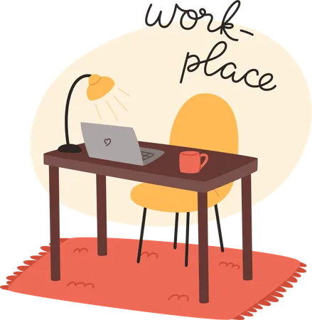 Cozy Workplace At Home With Laptop And Cup Of Hot Drink In Flat Style Illustration