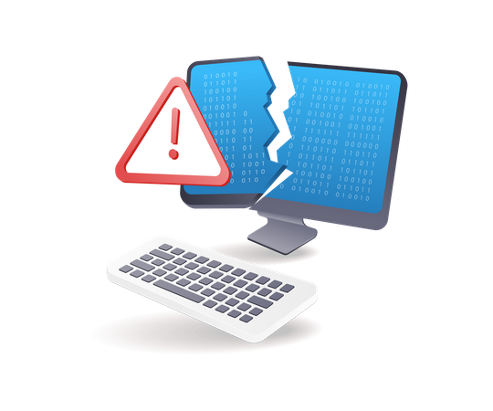 Cracked computer monitor with warning symbol  Illustration