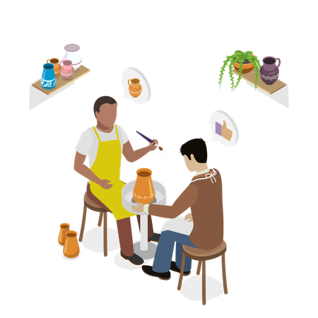 Craftsman Creating and Paint Ceramic Pot Illustration