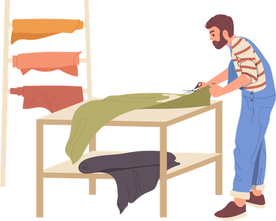 Craftsman cutting leather for fashion bag production at workshop Illustration