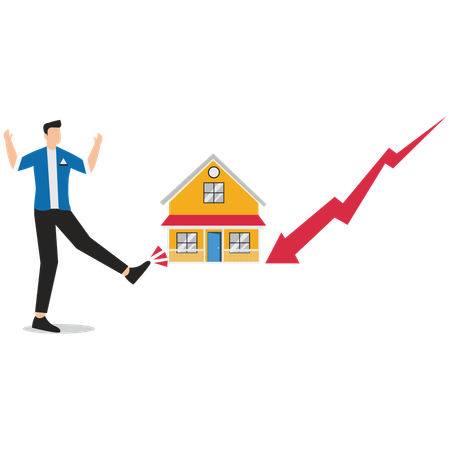 Cranky businessman kicking away homes  Illustration