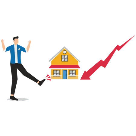 Cranky businessman kicking away homes  Illustration