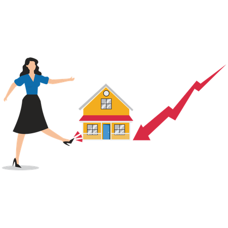 Cranky businesswoman kicking away homes  Illustration