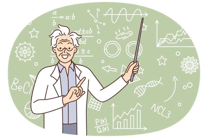Crazy scientist points to formulas written on blackboard  Illustration