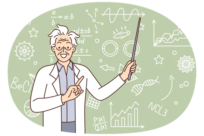 Crazy scientist points to formulas written on blackboard  Illustration