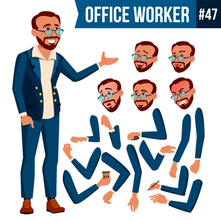 Conjunto de creación de animación de empleados con diferentes emociones faciales  Ilustración