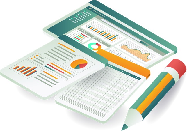 Creación de pantallas de datos de análisis de negocios y tecnología  Ilustración