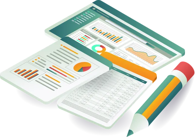 Creación de pantallas de datos de análisis de negocios y tecnología  Ilustración