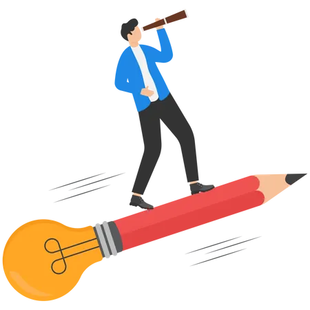 Creativity To Create A New Idea Imagination Or Invention Inspiration Education Or Genius Idea Writing Content Or Boosting Creative Thinking Concept Man Riding Pencil Rocket Illustration