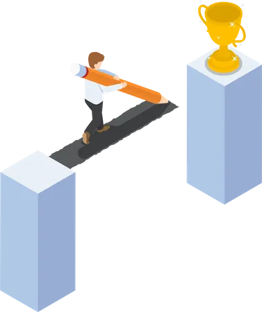 Flat 3 D Isometric Businessman Drawing Bridge By Pencil Leading To The Winner Trophy Create Path To Success Concept Illustration