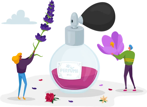 Aroma Composition Perfumery Creation Perfumer Characters Create New Perfume Fragrance Tiny People Bring Violet Flowers To Huge Sprayer Bottle With Toilet Water Cartoon People Vector Illustration Illustration