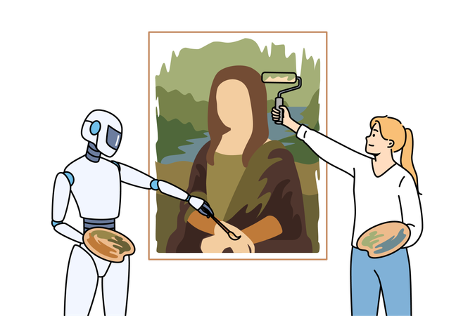 La création d'œuvres d'art utilisant l'IA et les réseaux neuronaux démontre une personne et un dessin humanoïde  Illustration