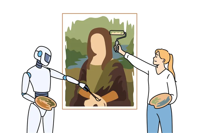 La création d'œuvres d'art utilisant l'IA et les réseaux neuronaux démontre une personne et un dessin humanoïde  Illustration