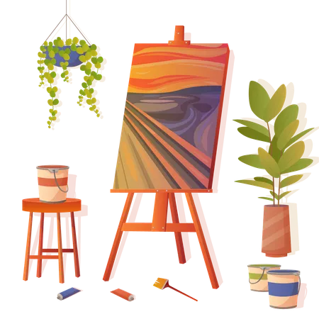 Artists Workplace Vector Illustration Cartoon Creative Abstract Picture On Easel Container With Paint And Brushes Material For Artwork Creation Lying On Stool And Floor Of Art Studio Or Classroom Illustration
