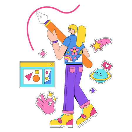 Creative artist drawing with inspiration and stickers Illustration