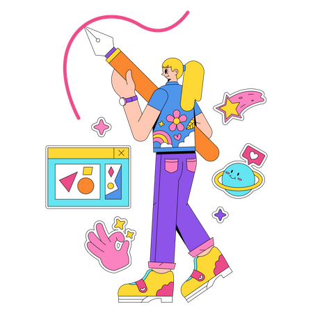 Creative artist drawing with inspiration and stickers  Illustration