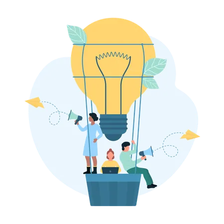 Creative Business Idea Achievement Of Digital Marketing Team Vector Illustration Cartoon Tiny People With Megaphones Flying Inside Basket Of Hot Light Bulb Balloon In Sky Travel To Opportunity Illustration