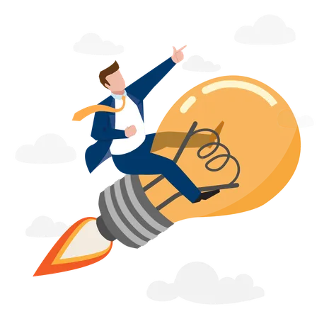 Creative New Idea Innovation Start Up Business Or Inspiration To Achieve Success Goal Concept Happy Smart Businessman Leader Riding Flying Bright Lightbulb Lamp With Rocket Booster In The Cloud Sky Illustration