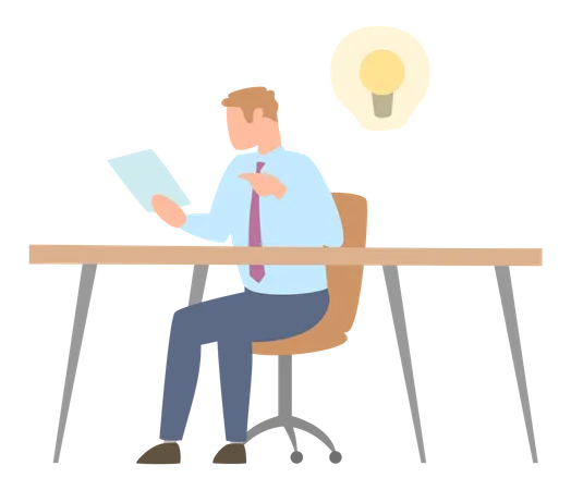 Businessman Entrepreneur In Suit Sitting With Sheet Of Paper At Office Desk Man Gets Creative Idea At Workplace Male Character Works In Management Entrepreneurship Person With New Startup Solution Illustration