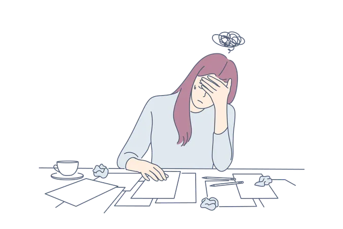 Creative Crisis Fatigue Mental Stress Depression Frustration Concept Young Depressed Frustrated Upset Woman Or Girl Writer Artist Has Creative Crisis Fatigue Raising Of Mental Stress Headache Illustration