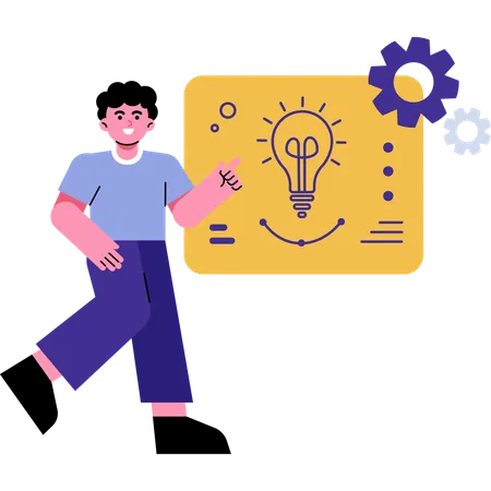 Man Presenting An Idea With A Glowing Light Bulb On A Yellow Board The Gears Symbolize The Process Of Thinking Development And Innovation Illustration