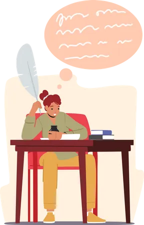 Creative Female Character Writer Poet Or Editor Sitting At Desk With Inkwell Feather Pen Inspired Woman Author Writing Book Or Poems Creative Occupation Concept Cartoon People Vector Illustration イラスト
