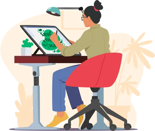 Creative Woman Graphic Designer Sitting At Desk Making Sketch On Tablet At Workplace Young Female Character Create Design At Home Or Studio Workplace Cartoon People Vector Illustration Illustration