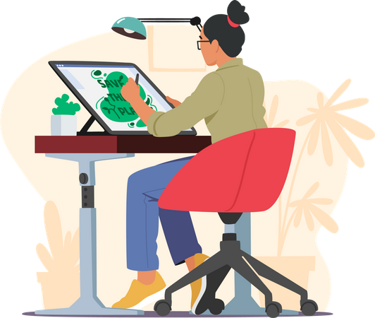 Creative Graphic Designer Sitting At Desk  Illustration