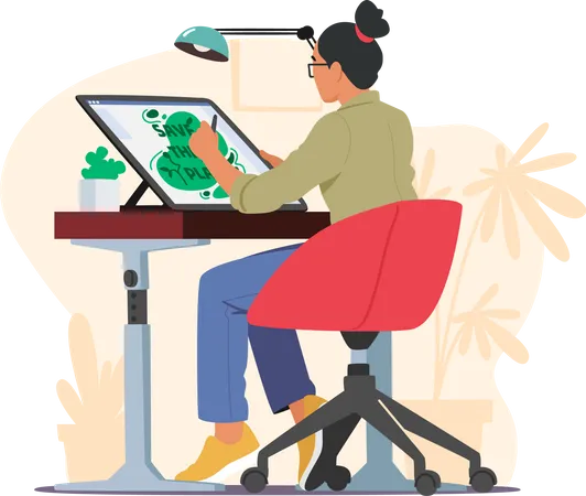 Creative Graphic Designer Sitting At Desk  Illustration