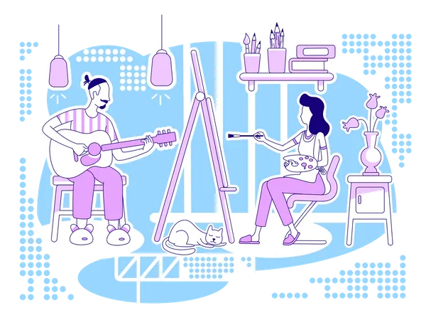 Creative Hobbies Flat Silhouette Vector Illustration Man And Woman Stay At Home Together Weekend Family Activities Couple Outline Characters On Blue Background Recreation Simple Style Drawing Illustration
