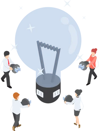 Isometric Business People Going To Recharge Idea From Big Light Bulb Creative And Idea Concept Illustration