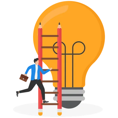Creative Idea Inspiration Or Imagination To Create New Innovative Work Opportunity Or Wisdom Concept Businessman Creative Guy Climbing Ladder Built From Pencil To Upper Cloud To Find Lightbulb Idea Illustration
