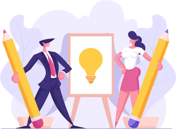 Business People Characters Draw Light Bulb With Pencil Creative Idea Symbol Business Solution Innovation Strategy Brainstorming Concept Vector Flat Illustration Illustration