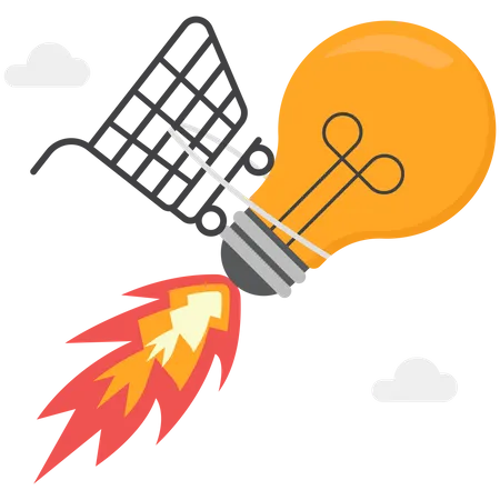 Creative Idea To Boost Sales Marketing Plan To Reach More Customers And Increase Profit Concept Shopping Cart Tied To Bright Idea Light Bulb Rocket Soaring High In Sky Illustration