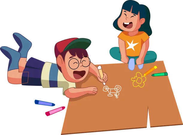 This Charming Illustration Depicts Two Kids One Drawing With Crayons On A Large Piece Of Paper Encouraging Creativity And Sharing In Childhood Activities Illustration