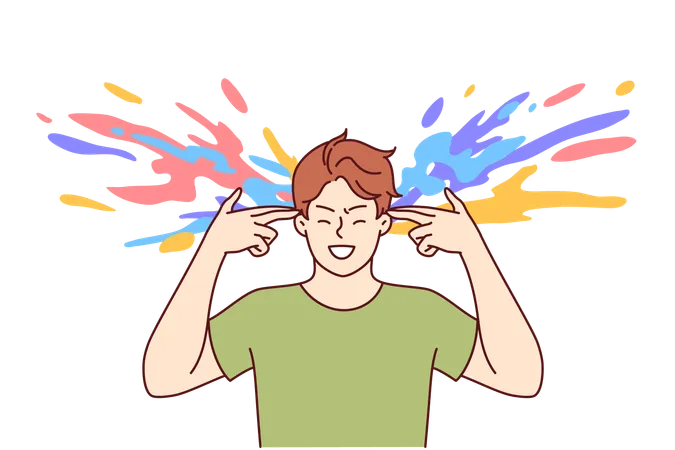 Man With Creative Thinking Makes Gesture Of Gun Near Head And Colorful Splashes For Concept Of Brainstorming Positive Guy Coming Up With Ideas And Brainstorming During Rush Of Inspiration Illustration