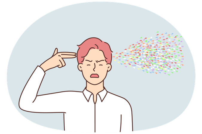 Creative man making gun gesture committing fictional suicide with colorful splatter flying from head  Illustration