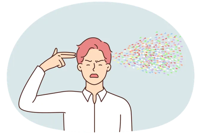 Creative man making gun gesture committing fictional suicide with colorful splatter flying from head  Illustration