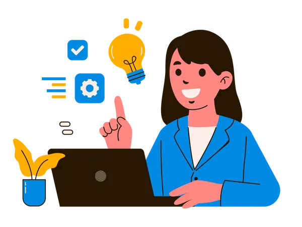 A Joyful Female Professional In A Blue Blazer Uses A Laptop Creatively Engaging With Innovative Concepts Symbolized By Floating Icons Of A Lightbulb Gears And Checkmarks Illustration