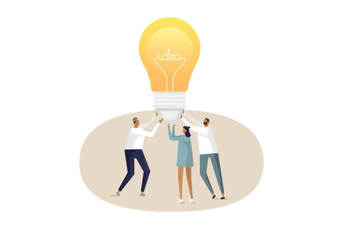 Vector Illustration Of Business Team Work On The Invention Of An Idea Young Characters Hold A Light Bulb With The Inscription Idea Illustration
