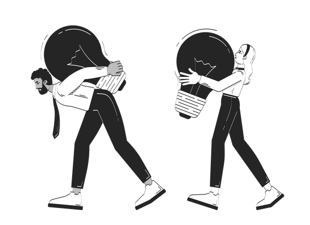 큰 아이디어를 상징하는 거대한 전구를 들고 있는 크리에이티브 팀  일러스트레이션