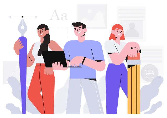 Creative Team Or Design Studio Vector Illustration Man With Laptop And Two Women With Pencil And Pen With Anchor Point The Concept Of Meet Our Team About Us For Web Design Or Ui Illustration