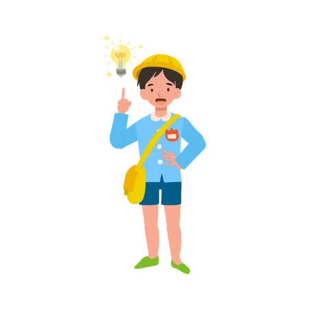 Creative thinking school uniform kindergarten boy light bulb moment idea generation  Illustration