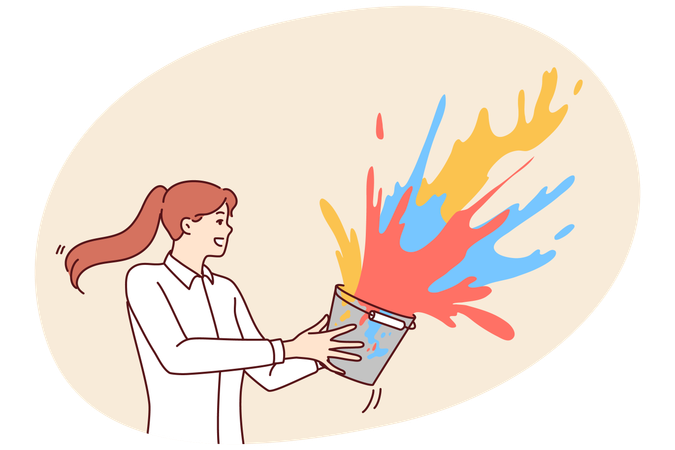 Creative woman splashes paint from bucket  Illustration