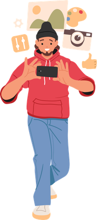 Creative young guy using mobile phone for making photo  Illustration