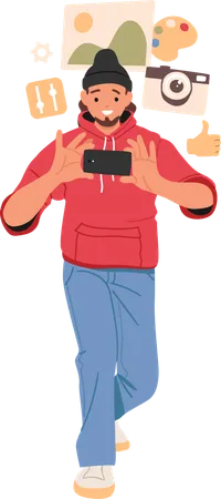 Creative young guy using mobile phone for making photo  Illustration